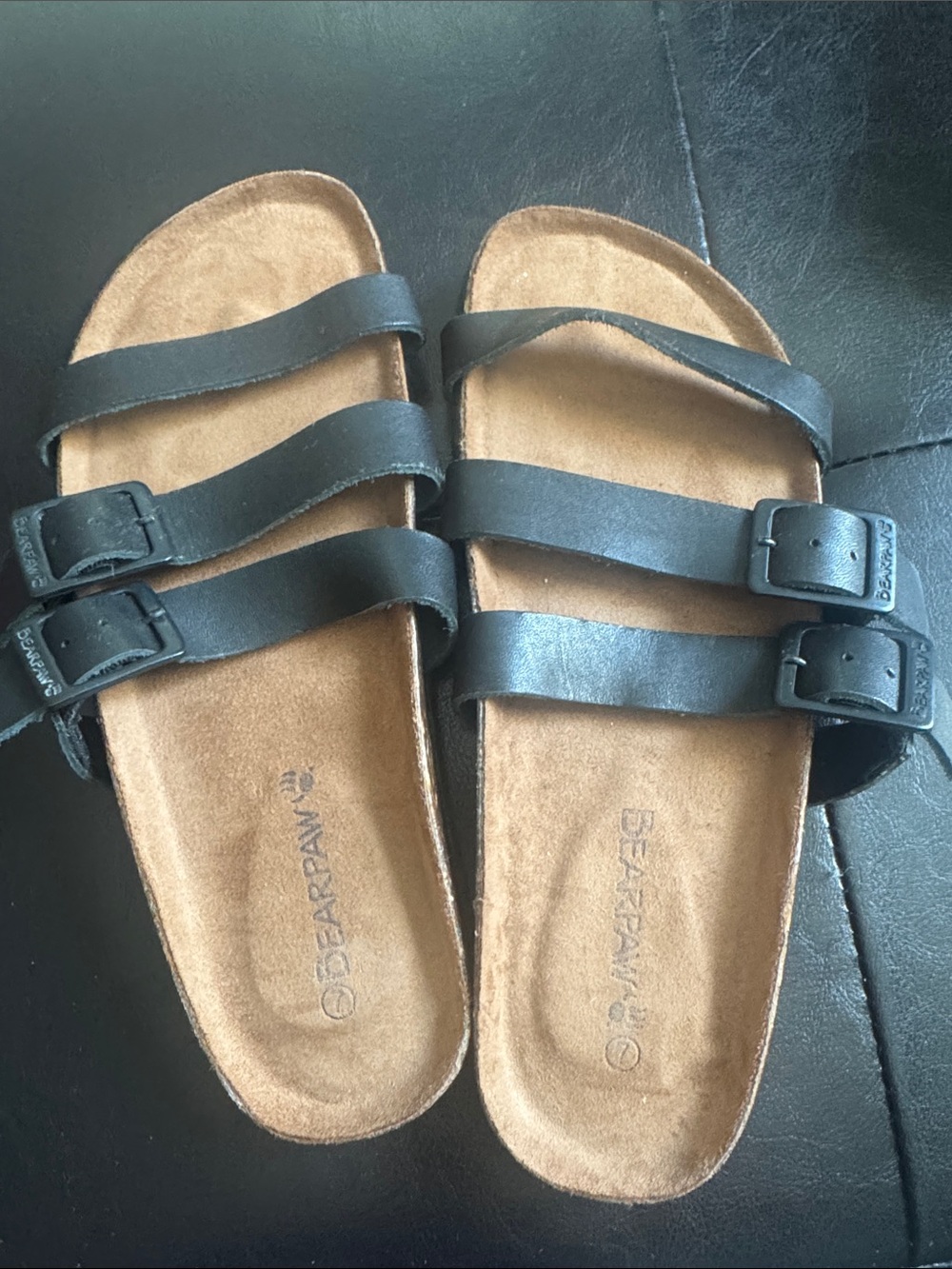 BearPaw Black Triple-Strap Buckle Sandals with Tan Footbed-Size 7